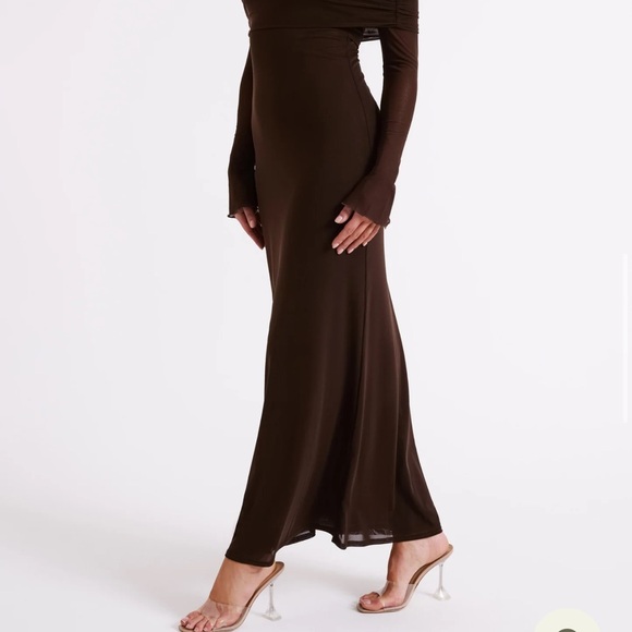 Meshki Josie Off Shoulder Mesh Maxi Dress - XS - Dark Brown - Picture 6 of 9